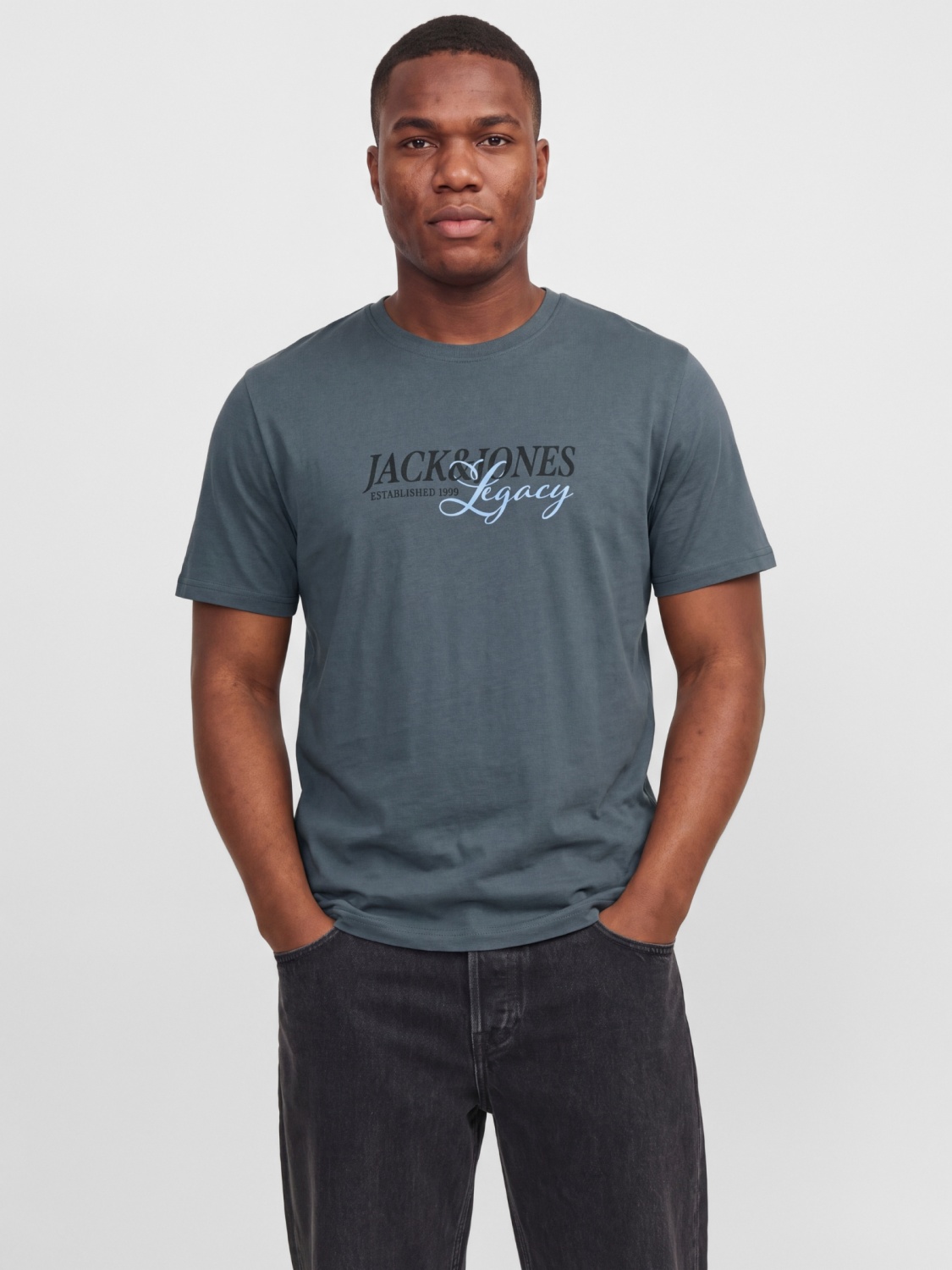 Jack & Jones Plus Tricou barbati big sizes, la baza gatului, din bumbac, cu logo, Relaxed Fit, Gri albastrui