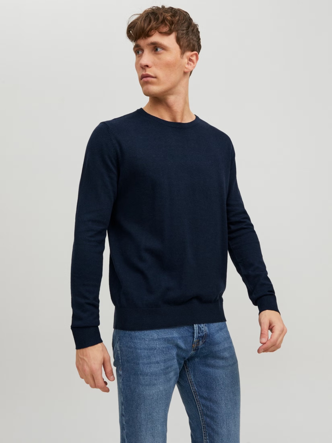 Jack & Jones Pulover tricotat barbati, cu decolteu la baza gatului, JJEEMIL, Bleumarin inchis (SELECTATI MARIMEA: S)