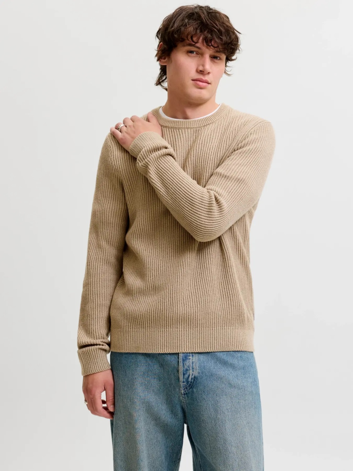 Jack & Jones Pulover tricotat barbati, decolteu la baza gatului, Regular Fit, JJPANNEL, Bej (SELECTATI MARIMEA: S)