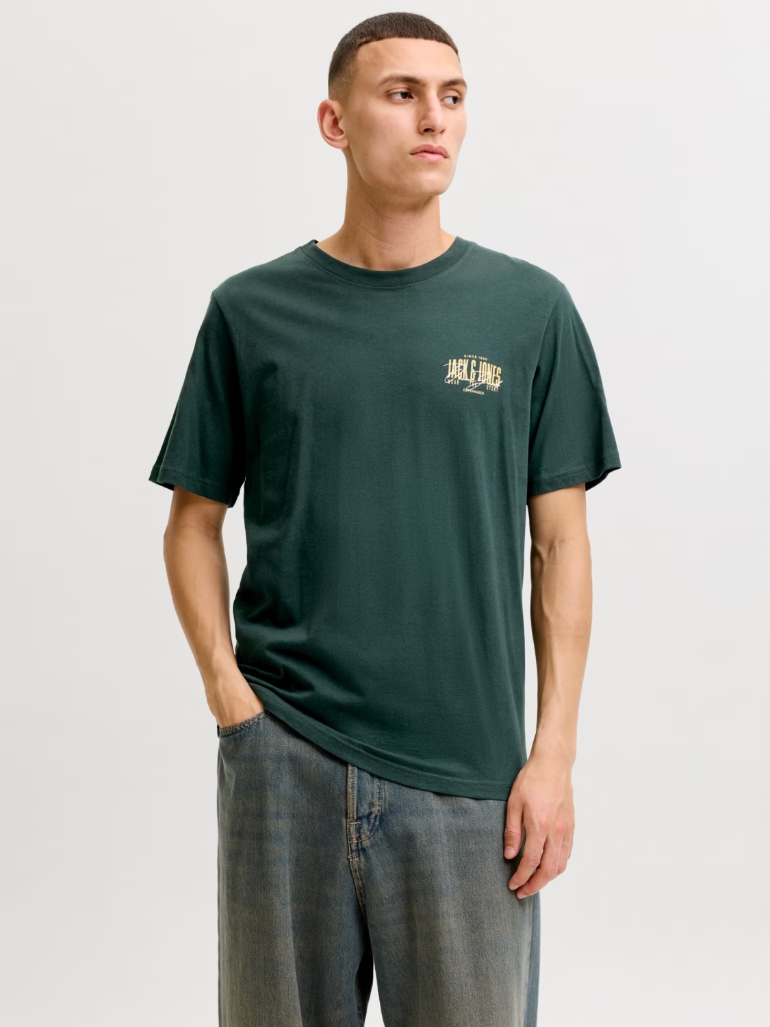 Jack & Jones Tricou barbati la baza gatului, din bumbac, Regular Fit, JJAERO, Verde inchis (SELECTATI MARIMEA: XL)