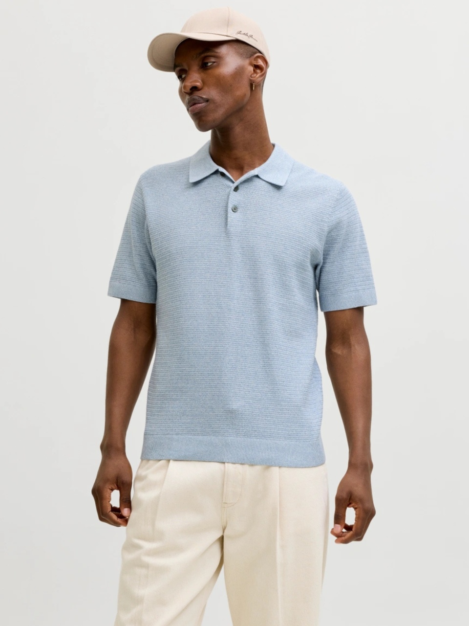 Jack & Jones, Tricou polo barbati cu aspect tricotat, Regular fit, Albastru pastel (SELECTATI MARIMEA: XL)