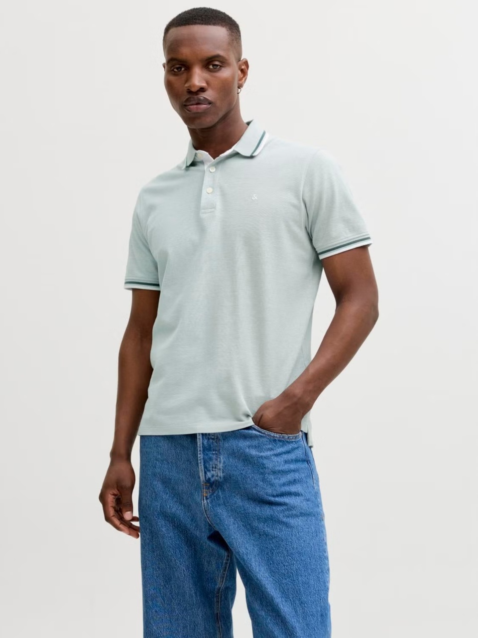 Jack & Jones Tricou polo barbati, Slim fit cu guler contrast, Verde deschis (SELECTATI MARIMEA: L)