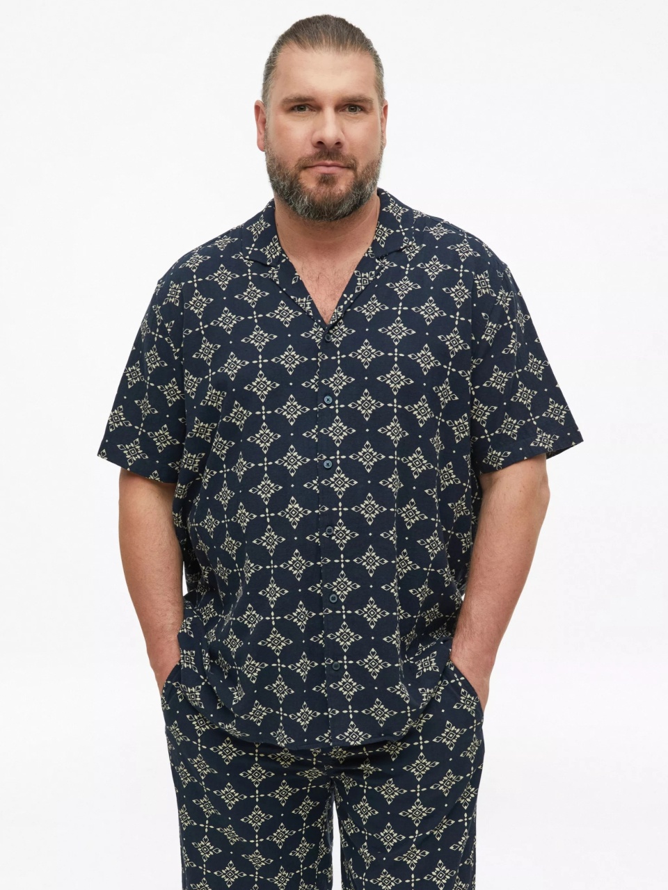 s.Oliver Big Sizes Camasa barbati big sizes, din bumbac, cu imprimeu, Resort fit, Bleumarin inchis (SELECTATI MARIMEA: 5XL)