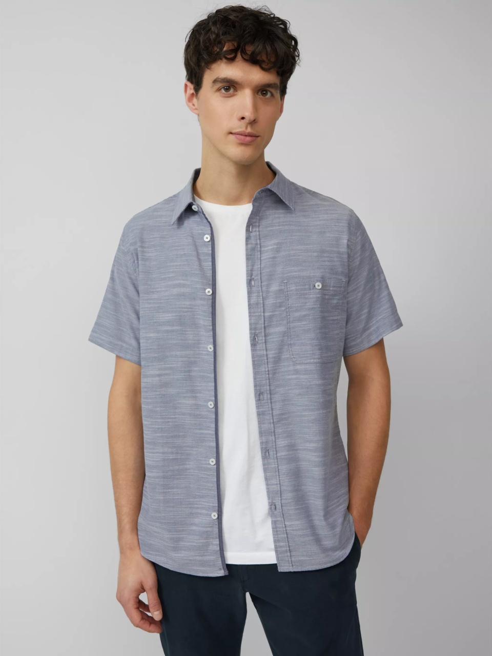 s.Oliver Camasa cu maneca scurta barbati, din amestec de bumbac, croiala Slim Fit, Gri inchis (SELECTATI MARIMEA: L)