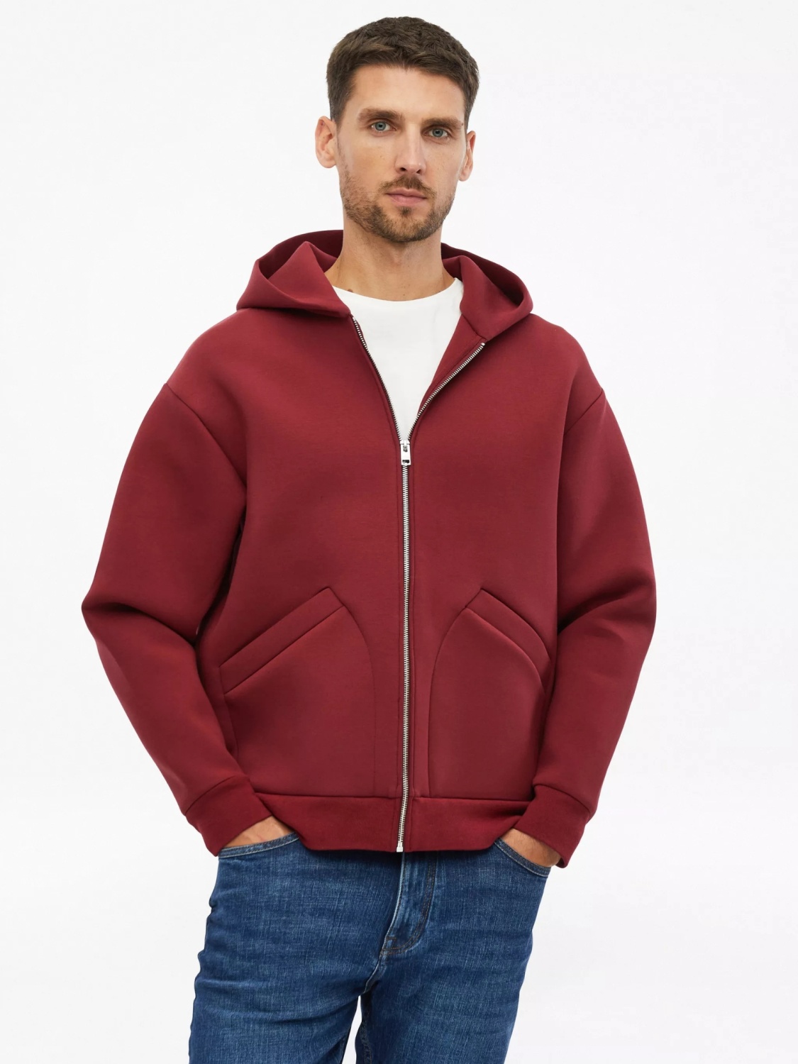 s.Oliver Jacheta barbati, cu fermoar si gluga, Regular fit, Rosu inchis (SELECTATI MARIMEA: 2XL)