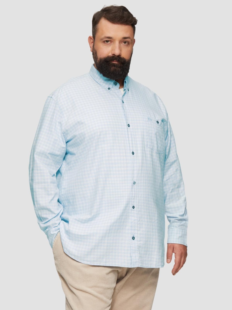 Camasa barbati big sizes, cu maneca lunga si imprimeu in carouri, Regular fit, Albastru deschis (SELECTATI MARIMEA: 2XL)