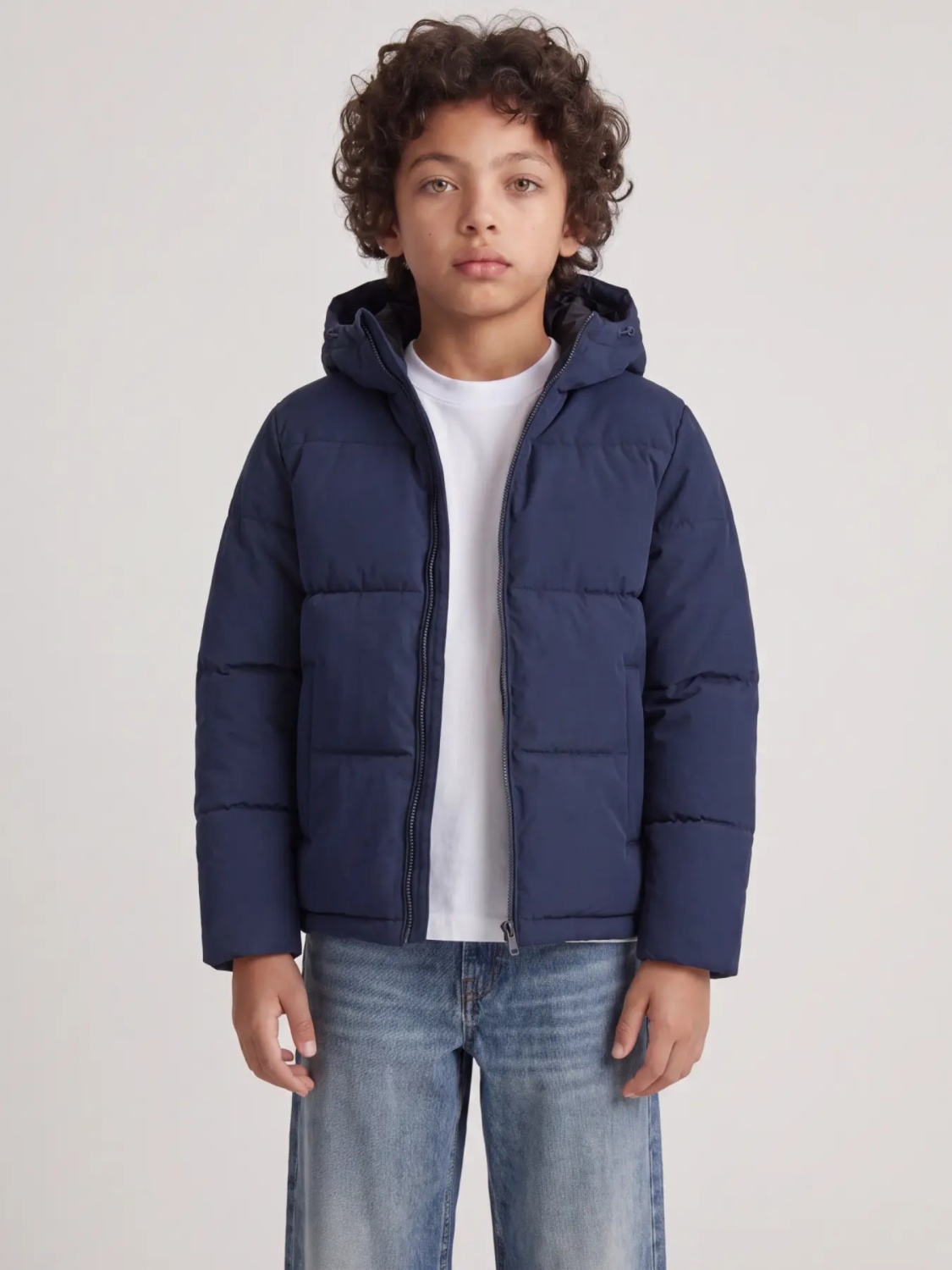 Jack & Jones Geaca baieti, PUFFER, cu gluga, Regular fit, JJGALAXY, Bleumarin inchis (SELECTATI MARIMEA: 128 cm)