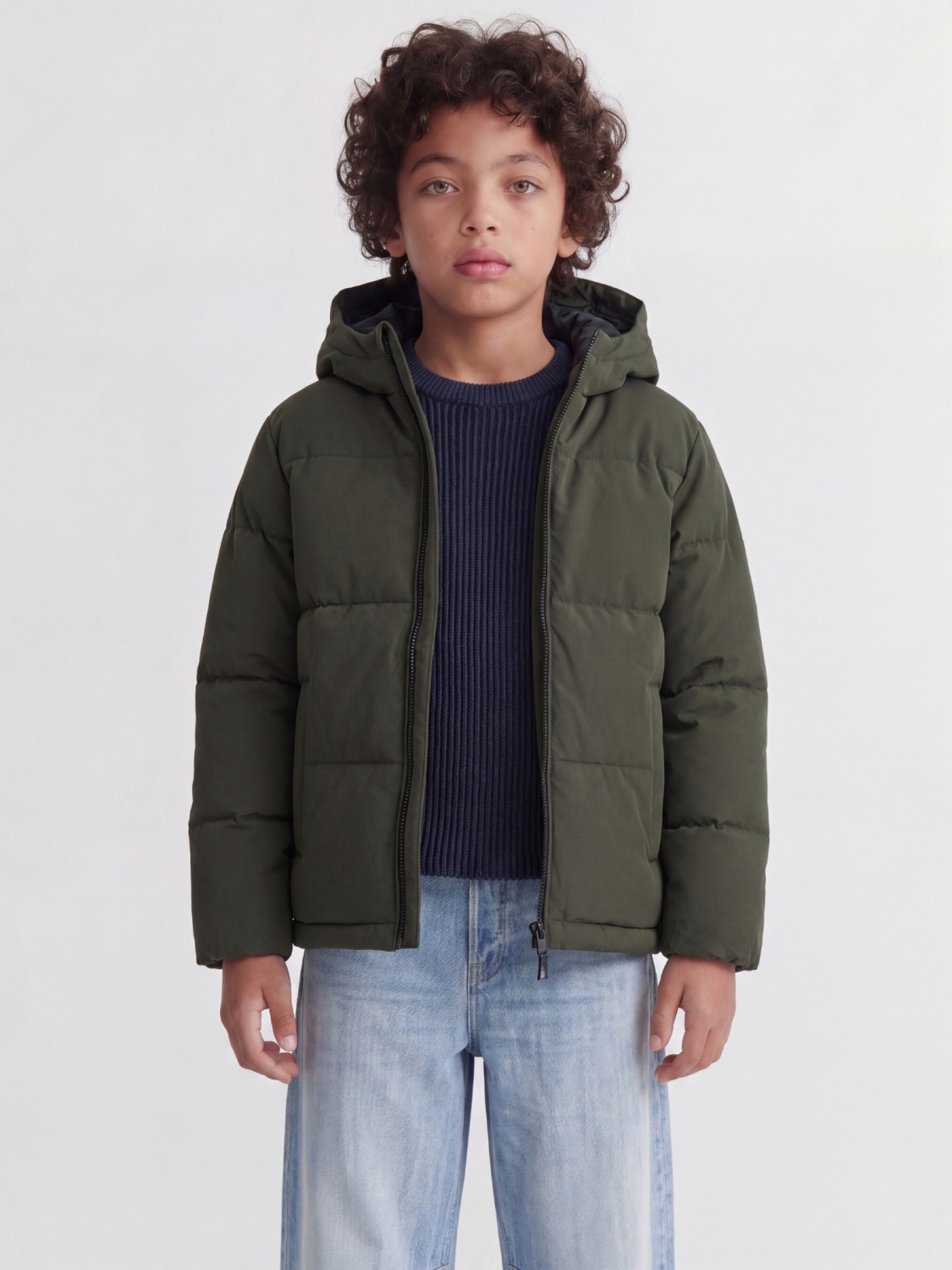 Jack & Jones Geaca baieti, PUFFER, cu gluga, Regular fit, JJGALAXY, Verde inchis (SELECTATI MARIMEA: 176 cm)
