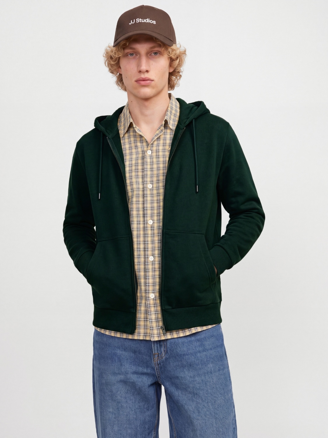 Jack & Jones Hanorac barbati, cu fermoar si gluga, Regular fit, JJEBRADLEY, Verde inchis (SELECTATI MARIMEA: S)