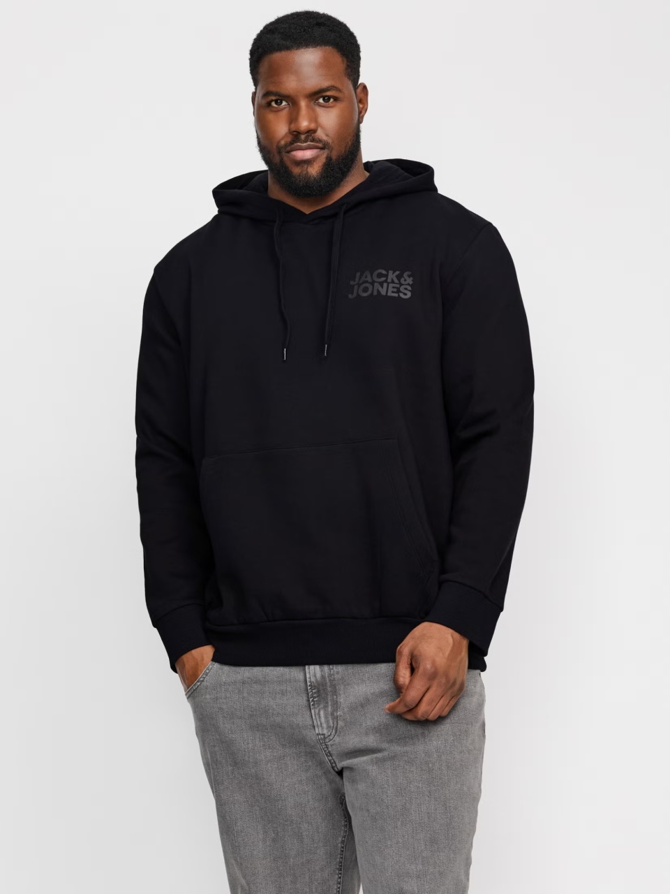 Jack & Jones Plus Hanorac fara fermoar, barbati big sizes, cu logo, Negru (SELECTATI MARIMEA: 5XL)