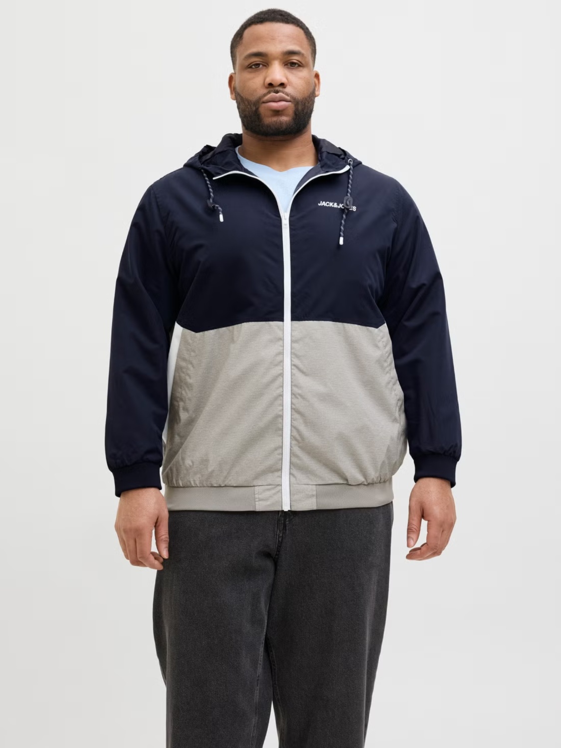 Jack & Jones Plus Jacheta bomber cu gluga, barbati big sizes, JJERUSH, Bleumarin inchis/Gri (SELECTATI MARIMEA: 6XL)