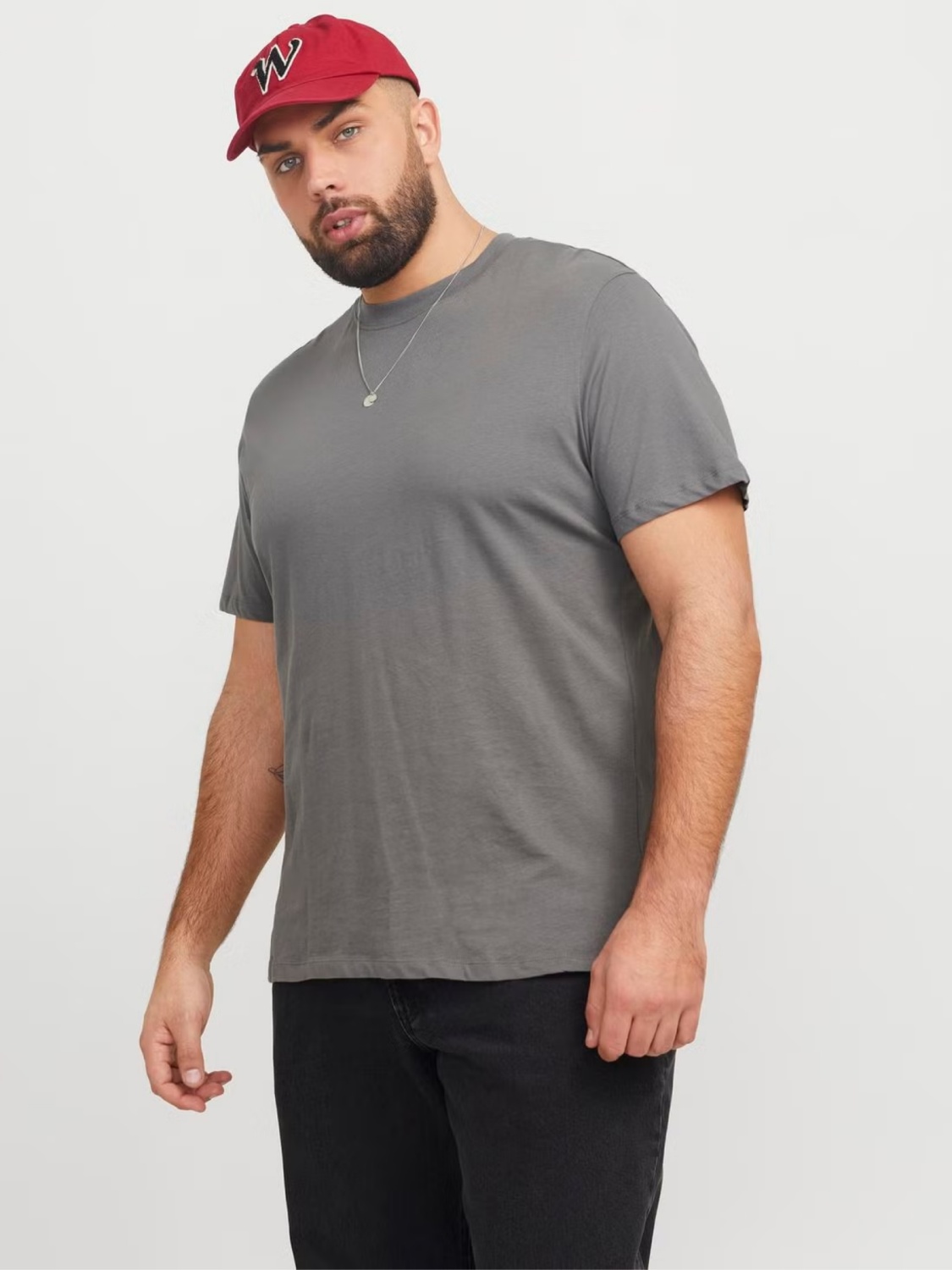 Jack & Jones Plus Tricou simplu barbati big sizes, Bradley, decolteu la baza gatului, Gri (SELECTATI MARIMEA: 6XL)