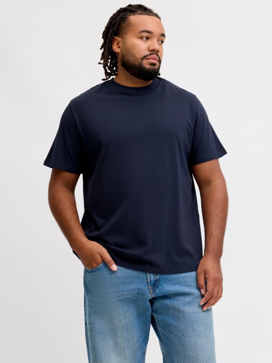 Jack & Jones Plus Tricou simplu, barbati big sizes, din bumbac organic, Relaxed Fit, Bleumarin inchis (SELECTATI MARIMEA: 4XL)
