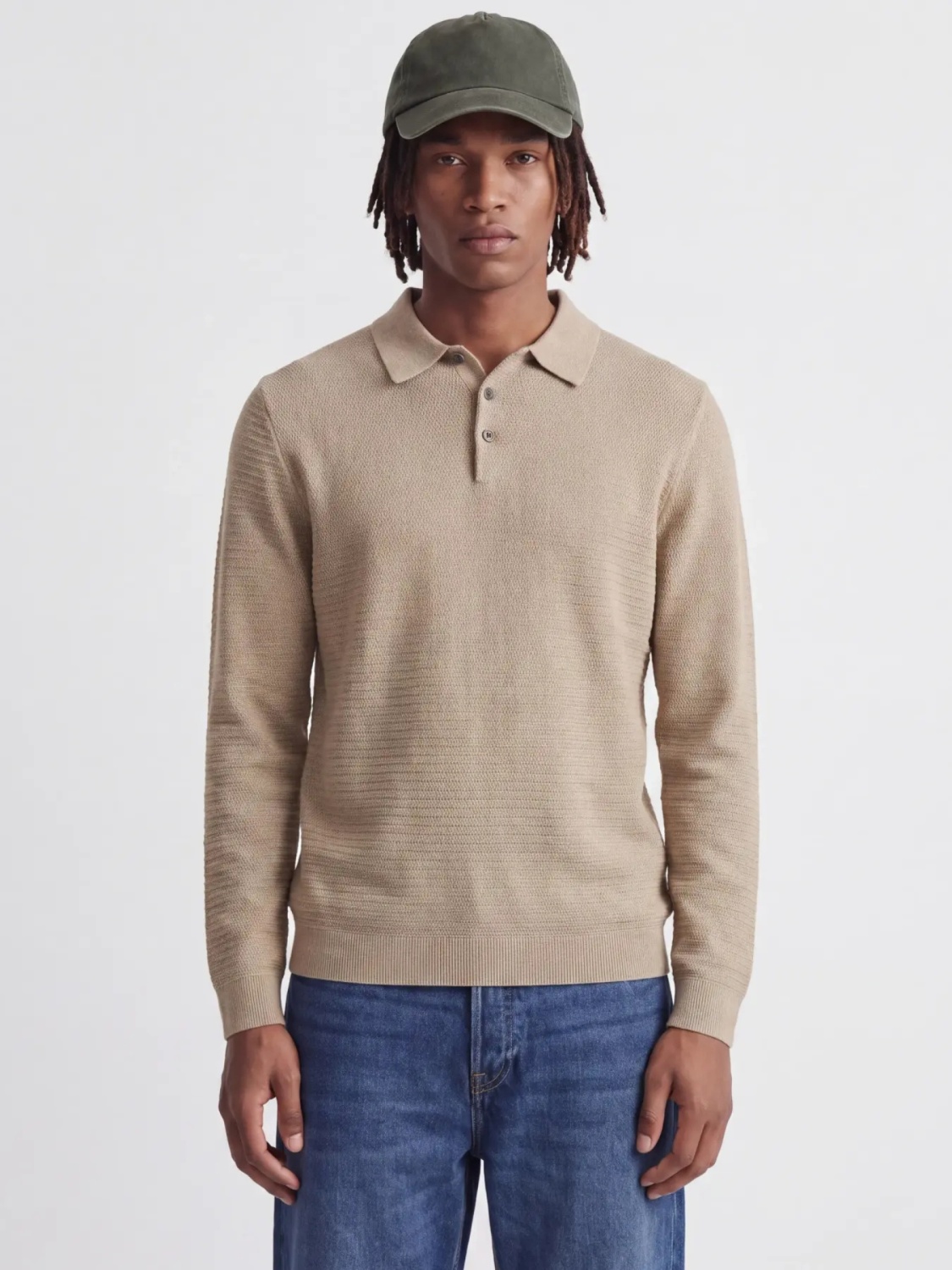 Jack & Jones Pulover tricotat barbati, din bumbac organic, guler polo, Bej (SELECTATI MARIMEA: L)
