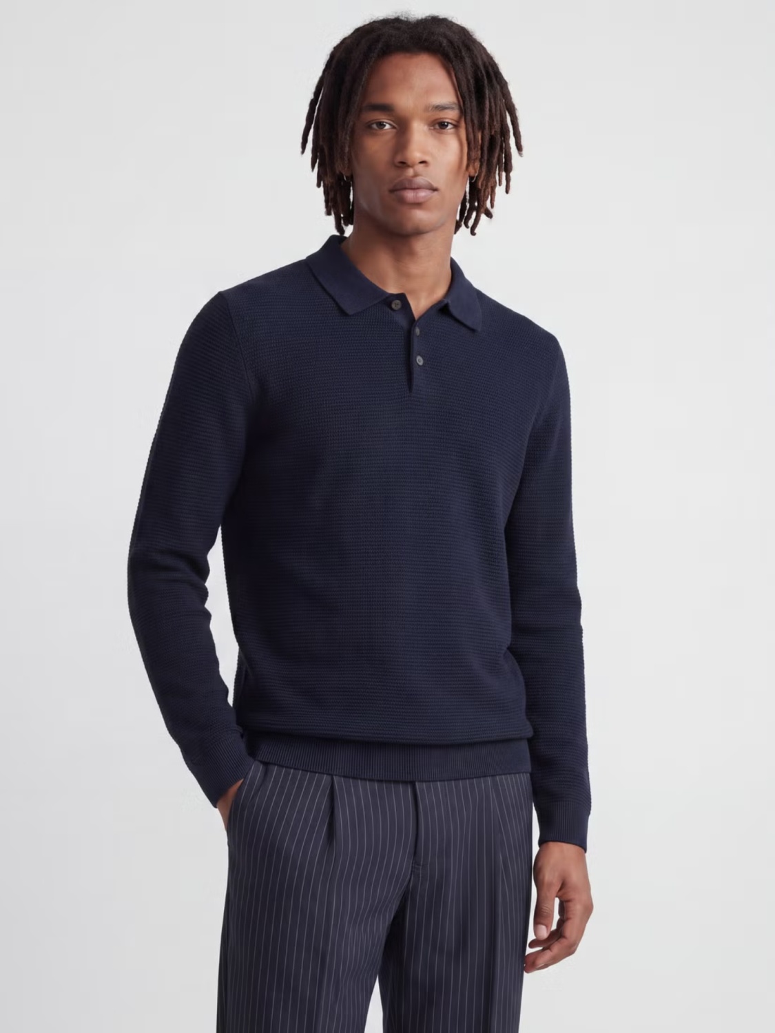 Jack & Jones Pulover tricotat barbati, din bumbac organic, guler polo, Bleumarin inchis (SELECTATI MARIMEA: 2XL)