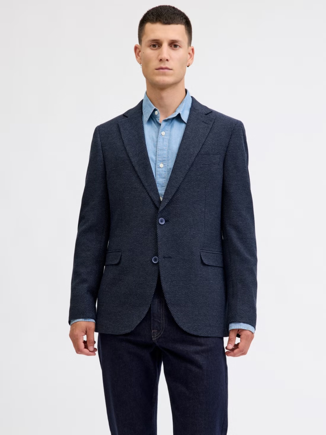 Jack & Jones Sacou elegant barbati, cu textura de fagure, Slim fit, JPRBLAENZO, Bleumarin inchis (SELECTATI MARIMEA: 52)