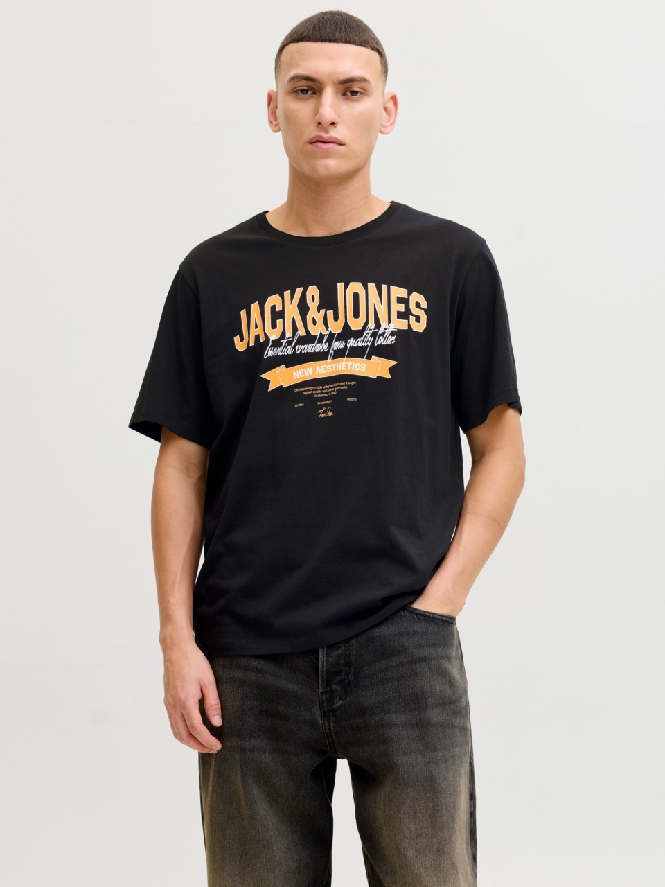 Jack & Jones Tricou cu decolteu la baza gatului, barbati, Standard fit, Negru (SELECTATI MARIMEA: XS)