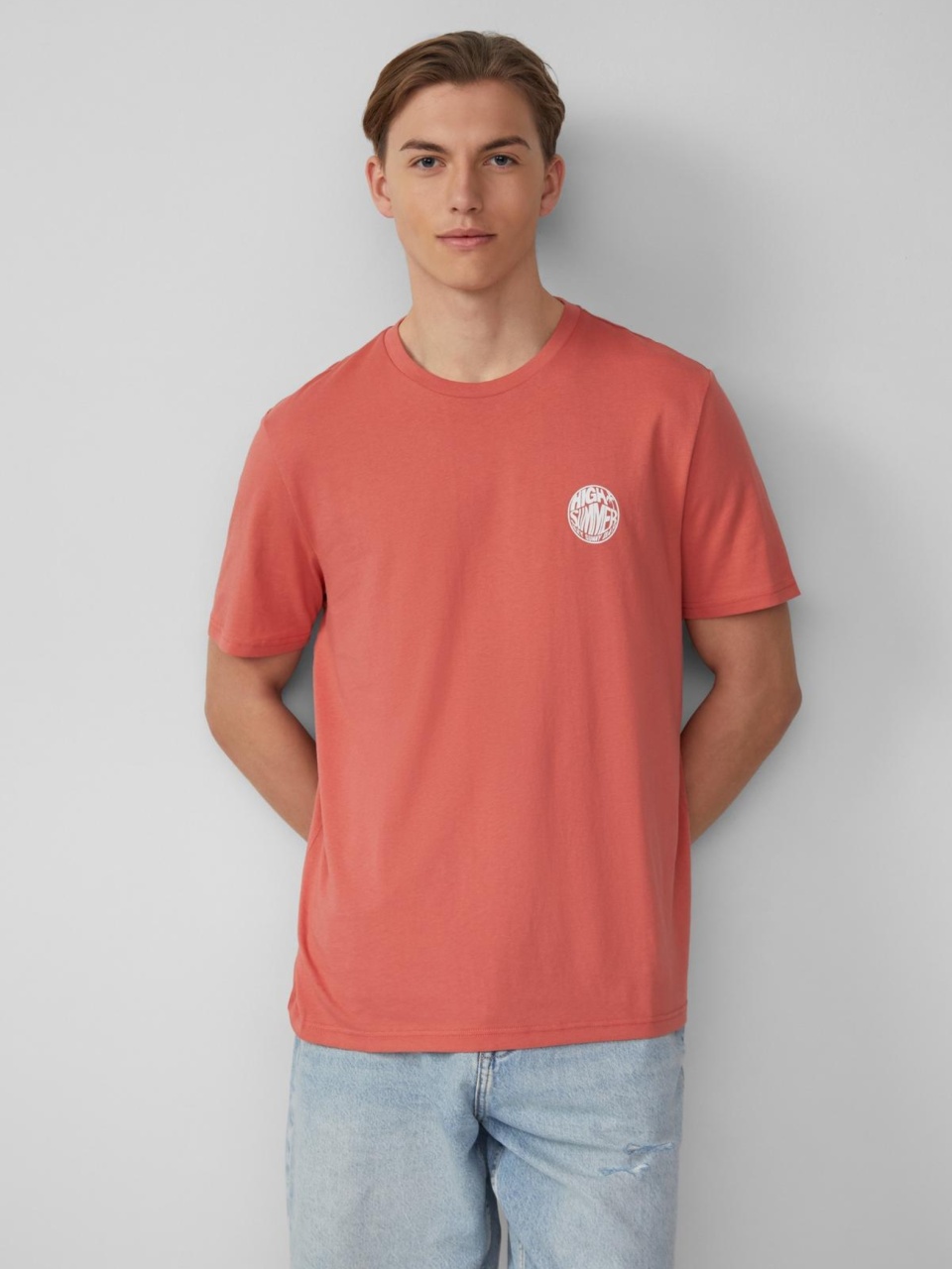 Q/S by s.Oliver Tricou barbati cu imprimeu, decolteu la baza gatului, Regular fit, Roz pudrat (SELECTATI MARIMEA: XL)