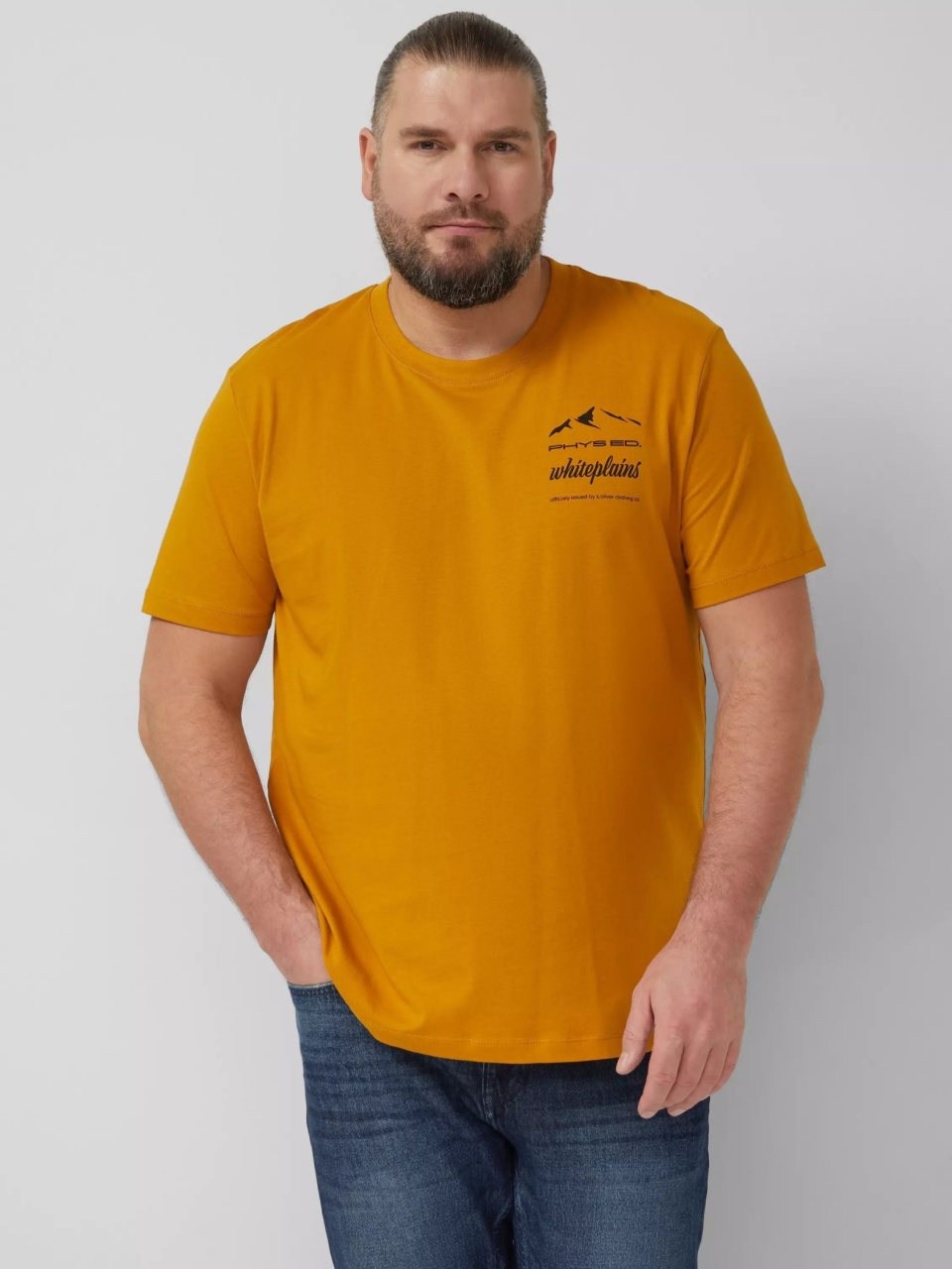 s.Oliver Big Sizes Tricou barbati big sizes, cu decolteu la baza gatului si imprimeu cu text, Galben inchis (SELECTATI MARIMEA: 5XL)