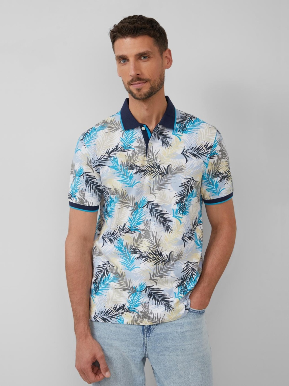 s.Oliver Tricou polo barbati cu imprimeu cu frunze de palmier, Regular Fit, Albastru (SELECTATI MARIMEA: 2XL)