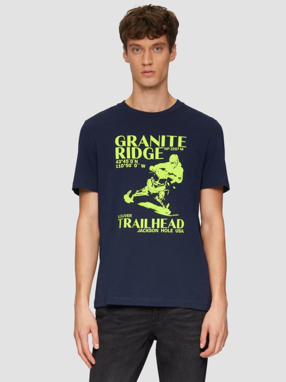 Tricou barbati cu maneca scurta, imprimeu in partea din fata si croiala Regular Fit, Bleumarin inchis (SELECTATI MARIMEA: M)