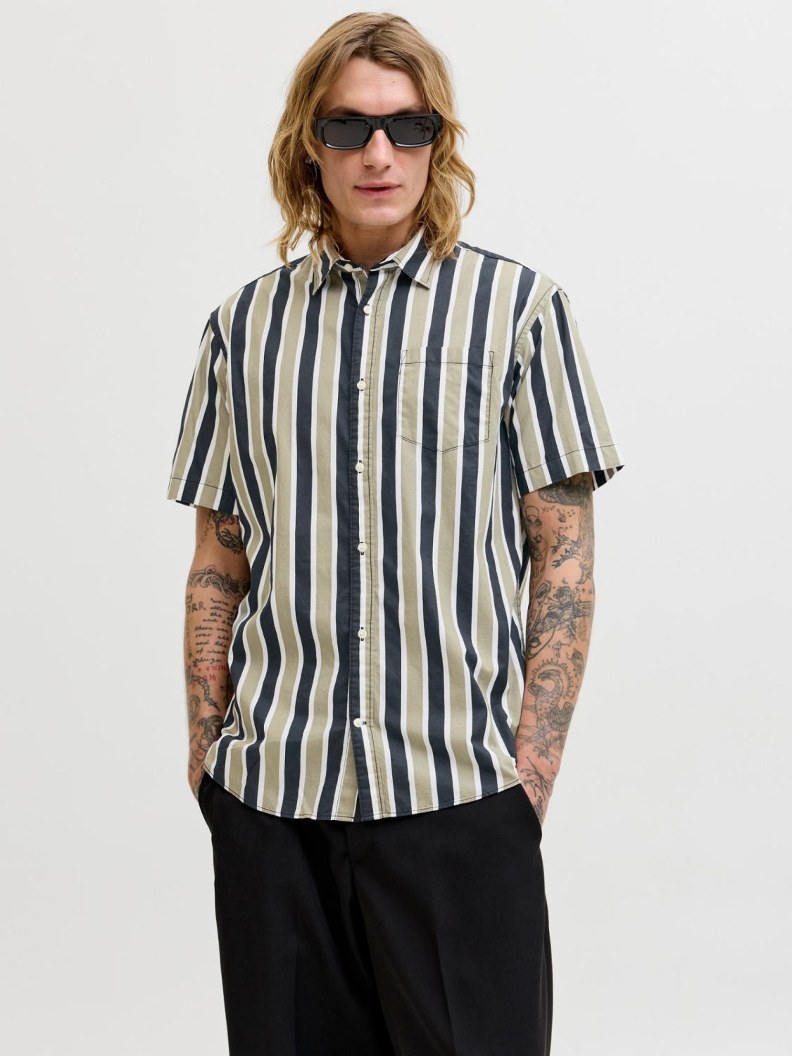 Jack & Jones Camasa barbati din bumbac cu imprimeu in dungi, Regular Fit, JJETHAN, Verde (SELECTATI MARIMEA: L)