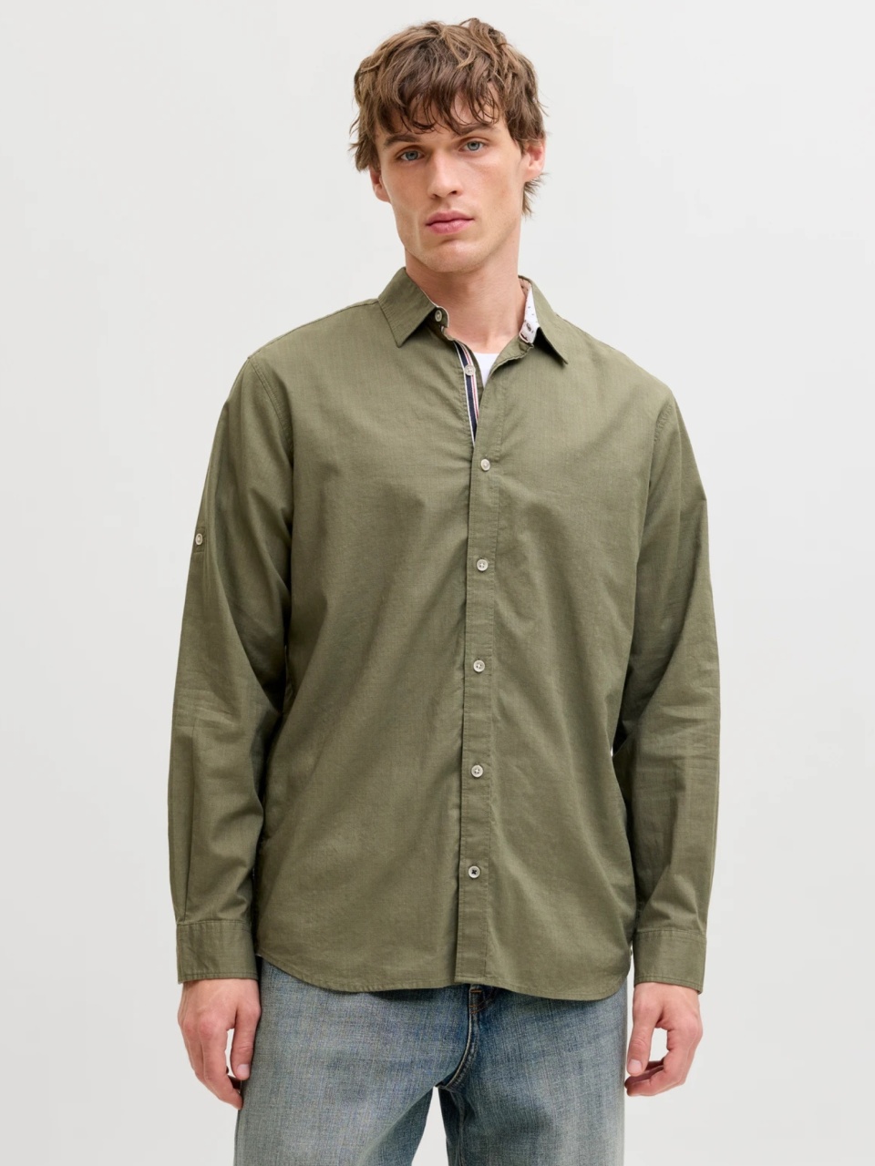 Jack & Jones Camasa barbati, Regular fit, Henry, din bumbac, Olive (SELECTATI MARIMEA: 2XL)