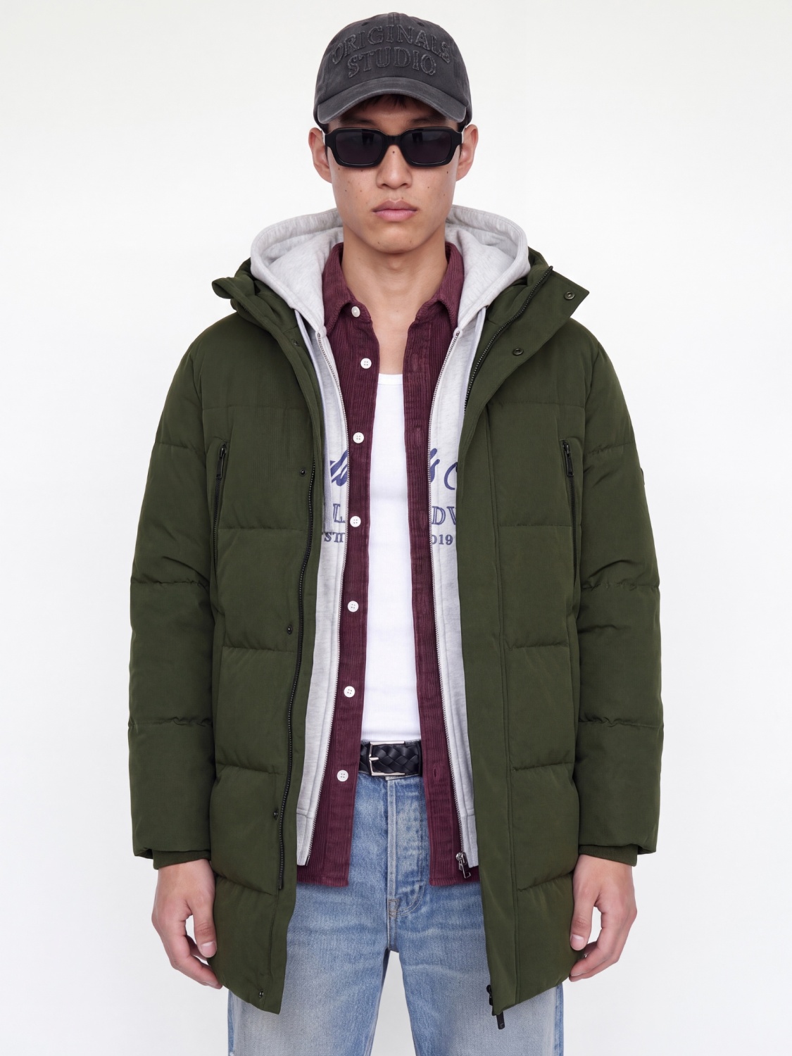 Jack & Jones Geaca lunga barbati, PUFFER, cu gluga, Regular fit, JJEBECKS, Verde inchis (SELECTATI MARIMEA: XL)