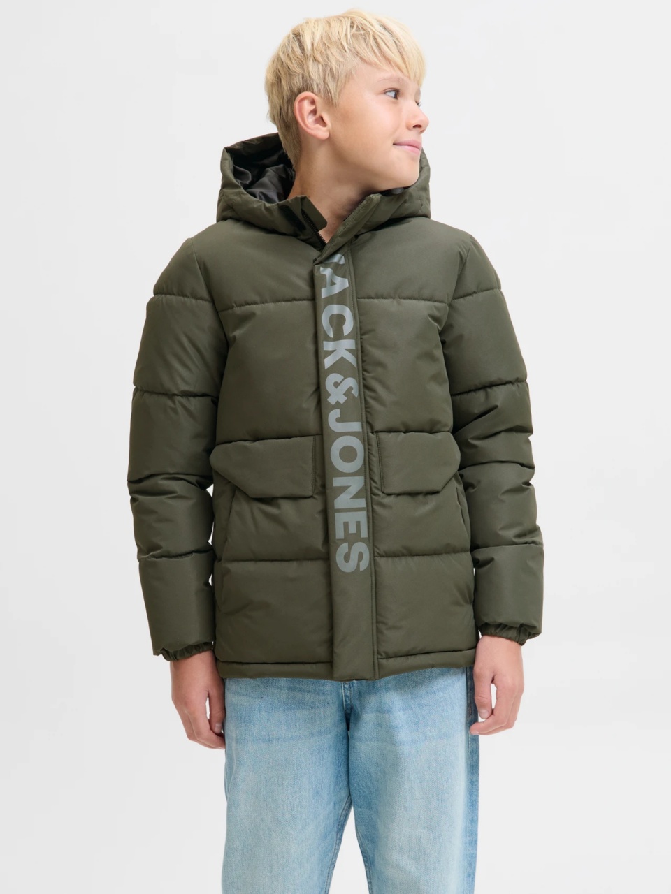 Jack & Jones Geaca PUFFER baieti, cu dubla inchidere, gluga si imprimeu cu logo, Verde (SELECTATI MARIMEA: 176 cm)