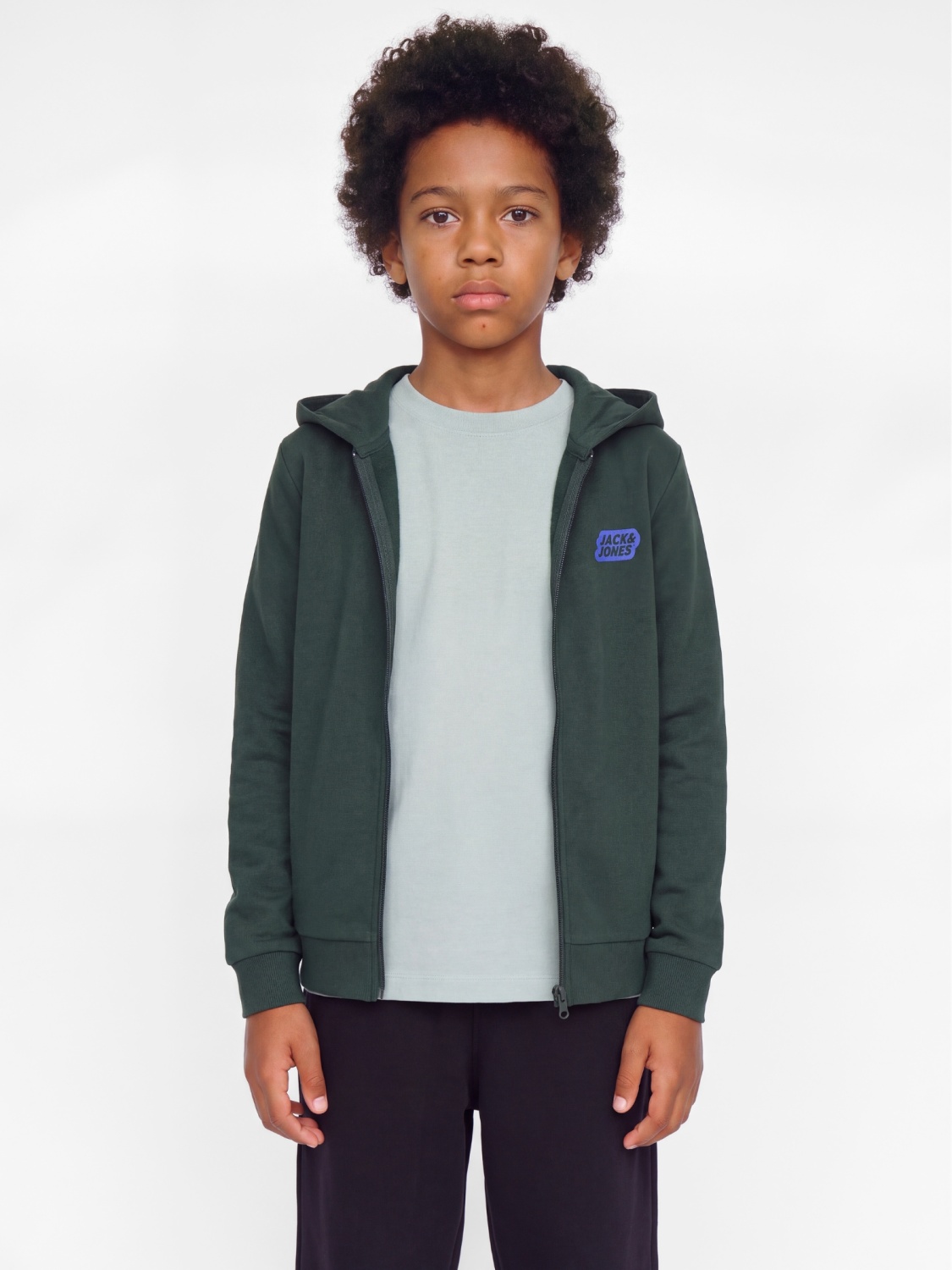 Jack & Jones Hanorac baieti cu gluga si fermoar, Regular Fit, JJAMI, Verde inchis (SELECTATI MARIMEA: 152 cm)