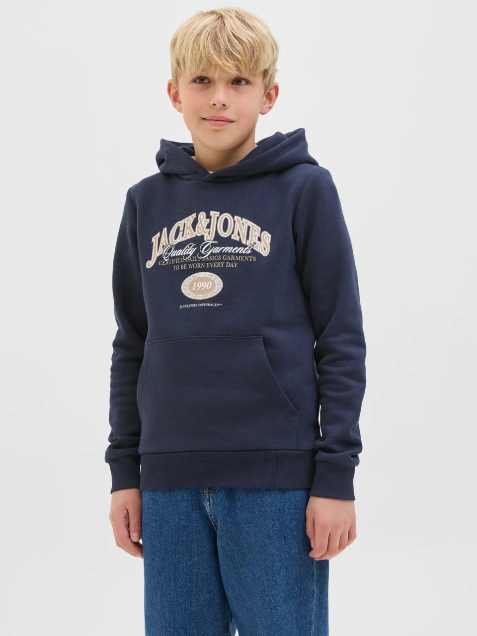 Jack & Jones Hanorac baieti cu imprimeu cu logo si buzunar tip marsupiu, Bleumarin inchis (SELECTATI MARIMEA: 152 cm)