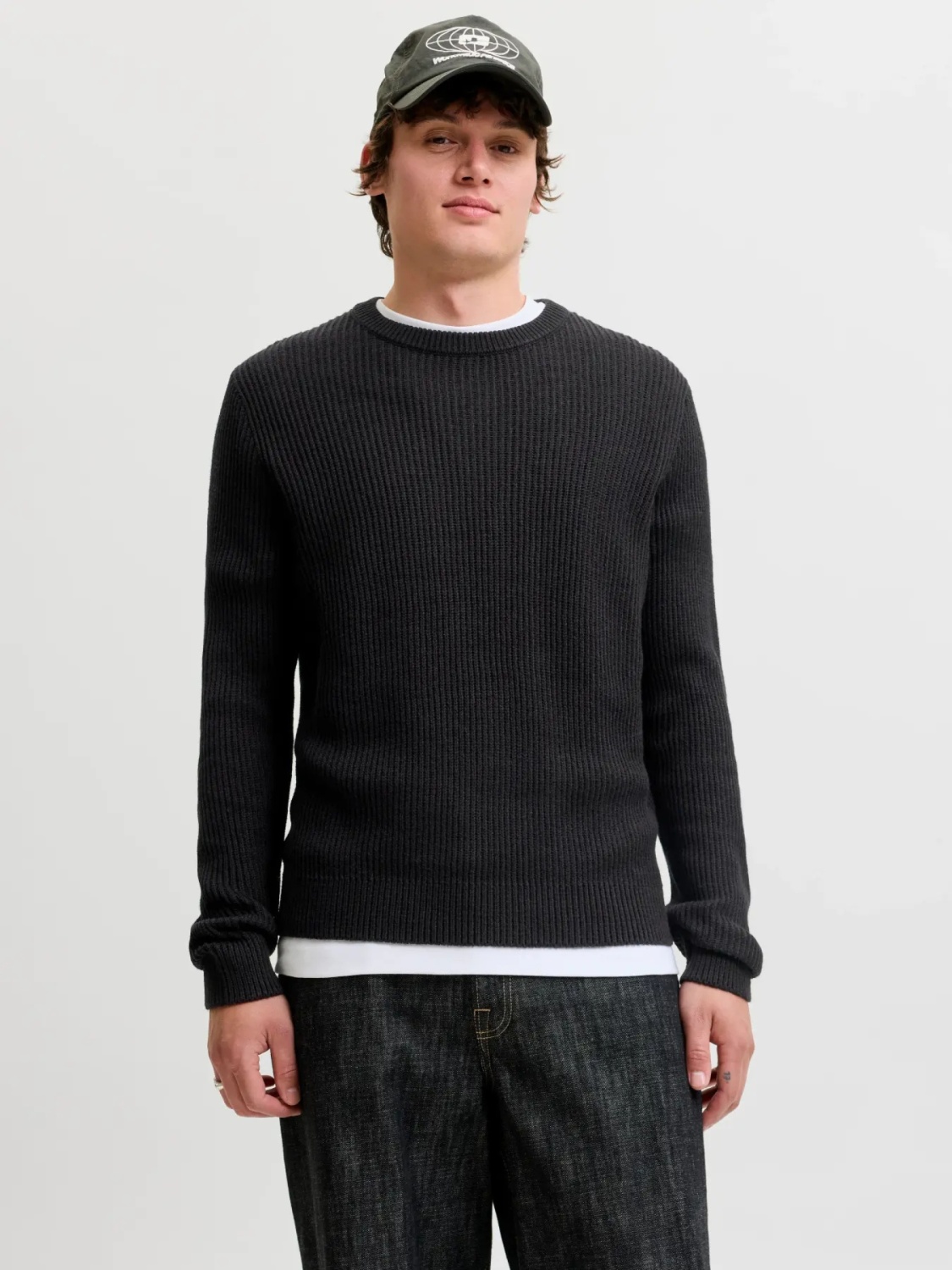 Jack & Jones Pulover tricotat barbati, decolteu la baza gatului, Regular Fit, JJPANNEL, Negru (SELECTATI MARIMEA: L)