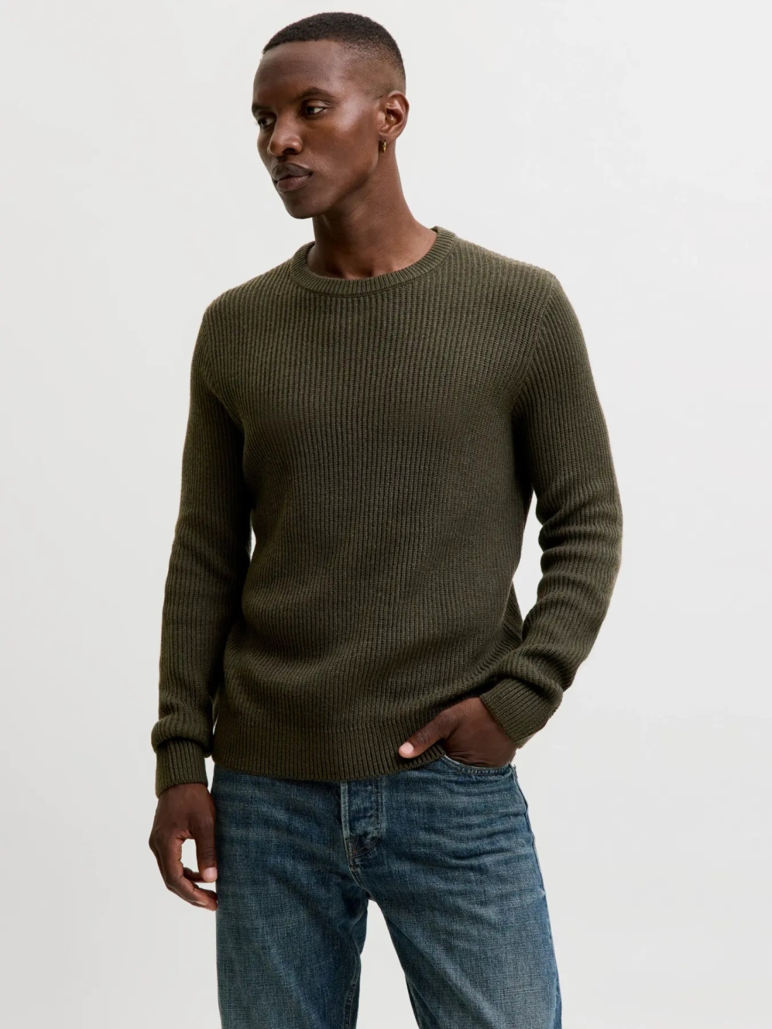 Jack & Jones Pulover tricotat barbati, decolteu la baza gatului, Regular Fit, JJPANNEL, Verde inchis (SELECTATI MARIMEA: L)