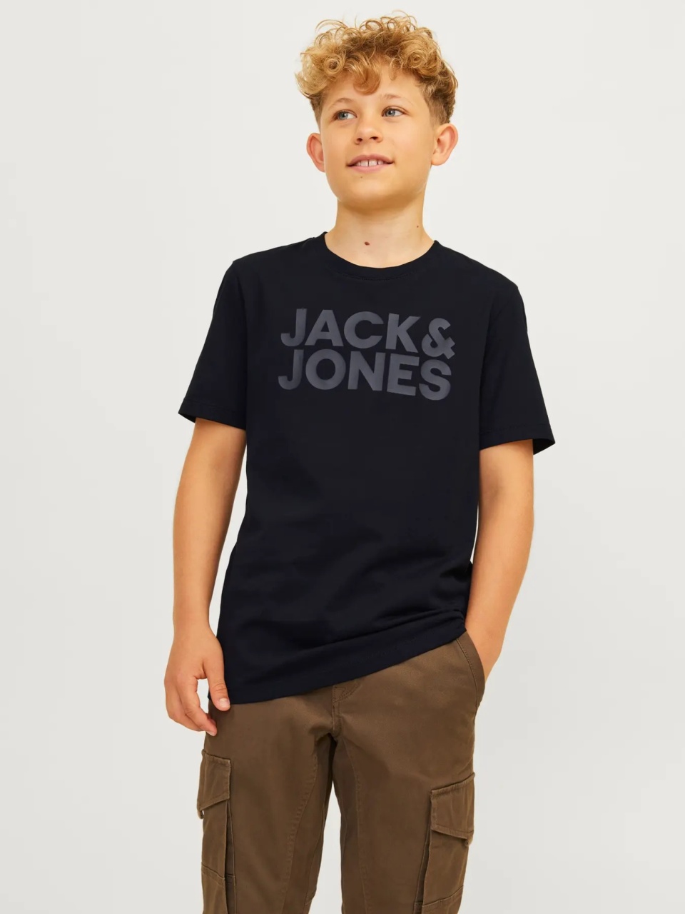 Jack & Jones Tricou baieti, din bumbac organic, Regular fit la baza gatului, JJECORP, Negru (SELECTATI MARIMEA: 140 cm)