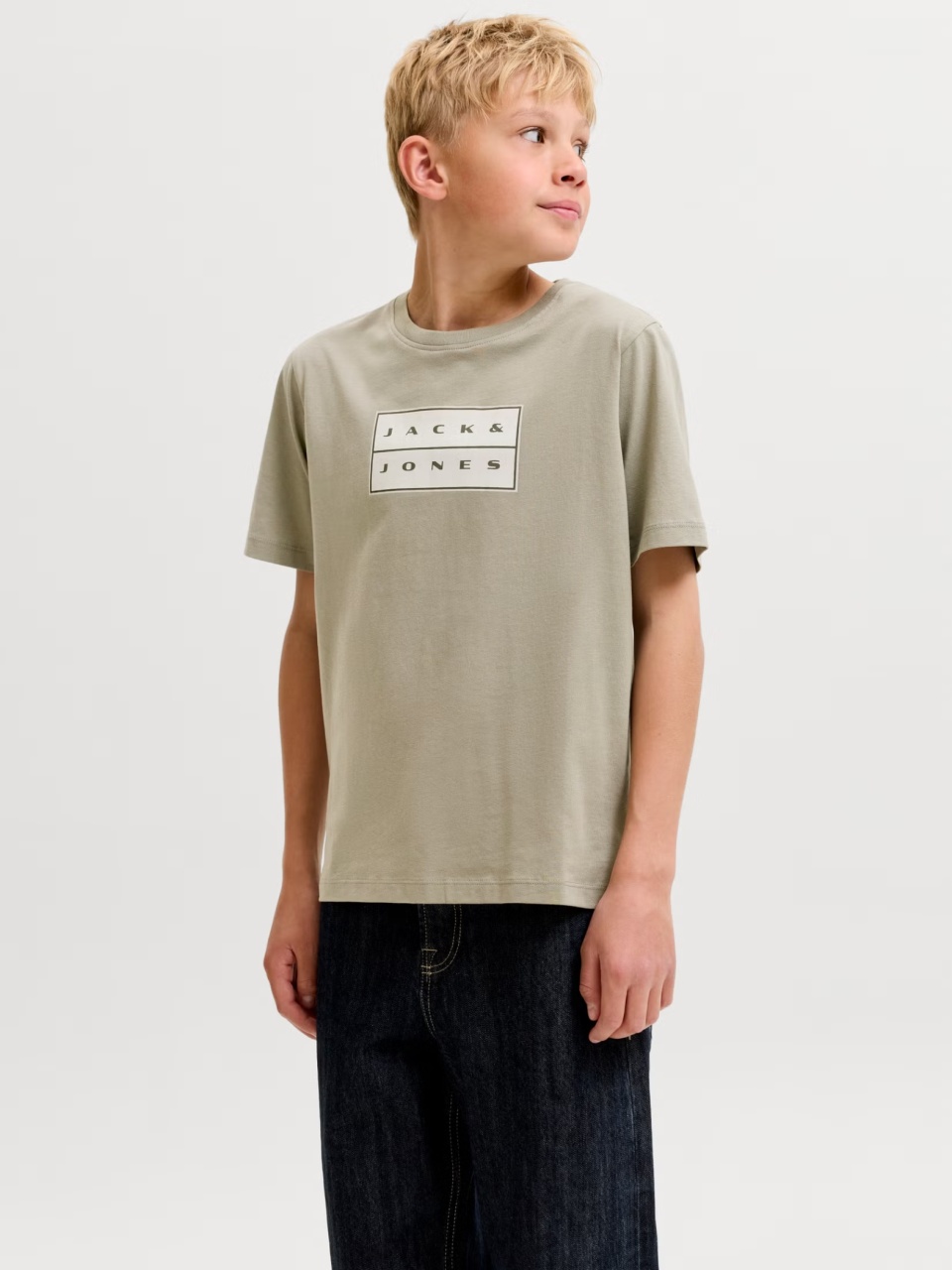Jack & Jones Tricou baieti, din bumbac, Regular fit la baza gatului, Olive (SELECTATI MARIMEA: 176 cm)