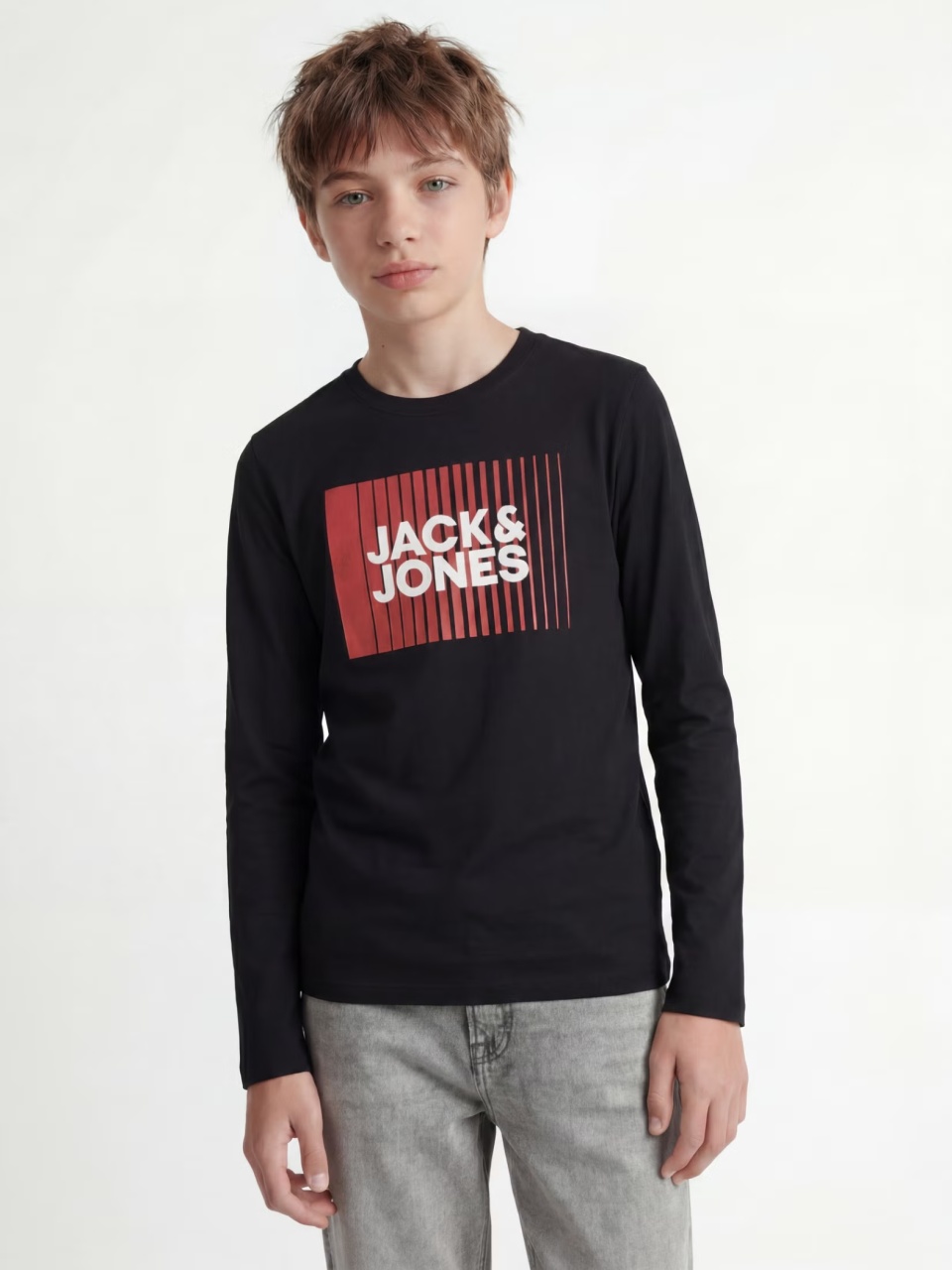 Jack & Jones Tricou baieti la baza gatului, cu maneca lunga, din bumbac organic, Regular fit, Negru (SELECTATI MARIMEA: 152 cm)