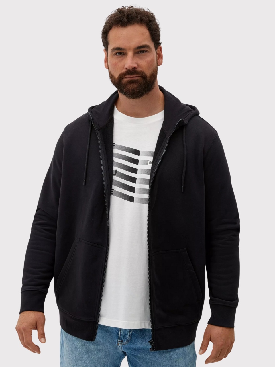 s.Oliver Big Sizes, Hanorac barbati big sizes, cu fermoar, Regular fit, Negru (SELECTATI MARIMEA: 4XL)