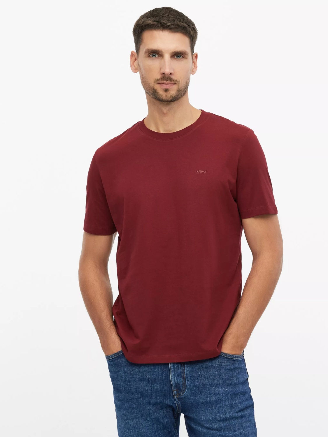 s.Oliver Tricou barbati din bumbac, cu decolteu la baza gatului, Regular fit, Bordeaux (SELECTATI MARIMEA: L)