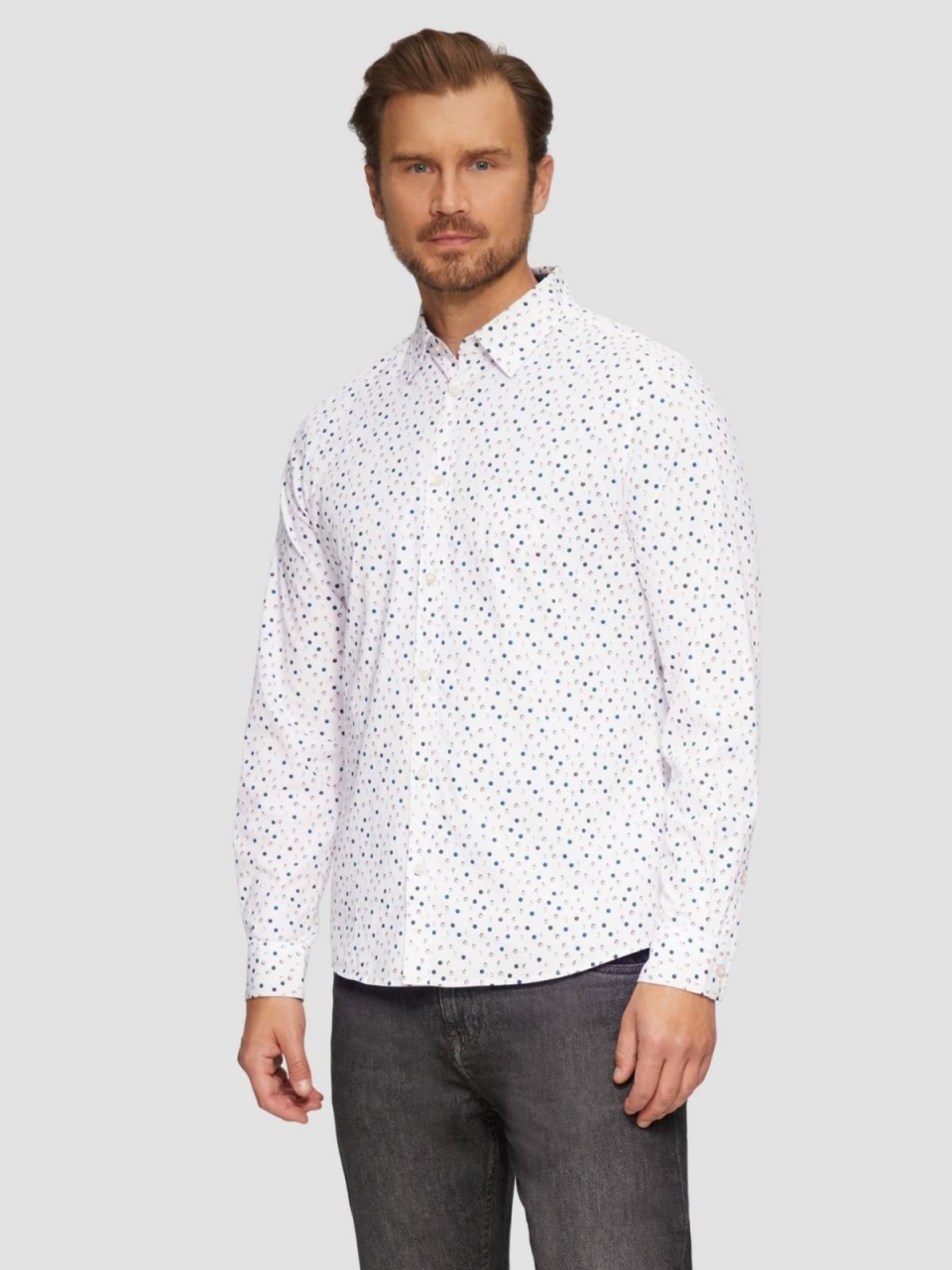 Camasa barbati cu maneca lunga, croiala Slim fit si imprimeu cu fazele luni, Alb (SELECTATI MARIMEA: 2XL)