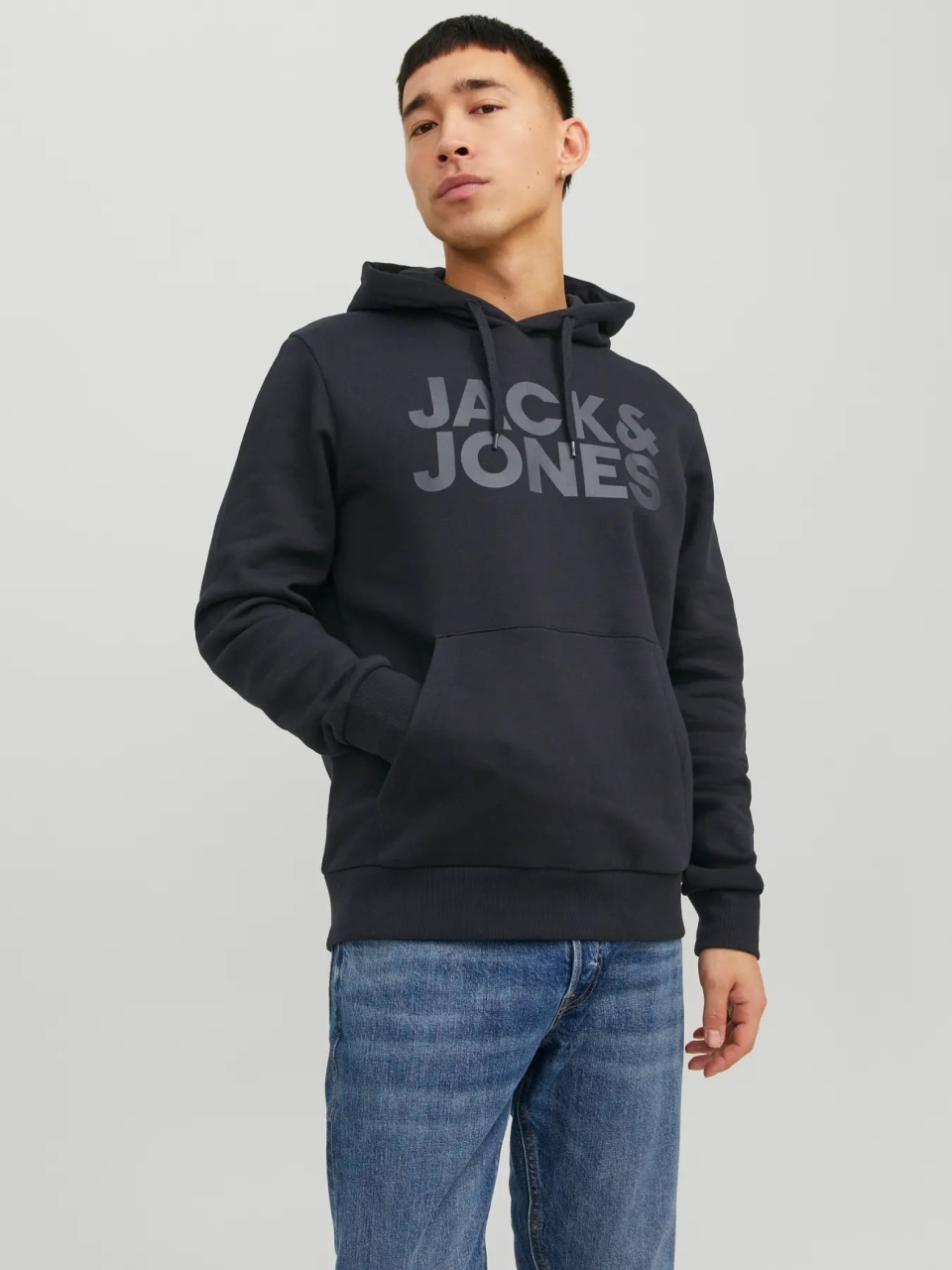 Jack & Jones Hanorac barbati fara fermoar, imprimeu cu logo, Negru (SELECTATI MARIMEA: M)
