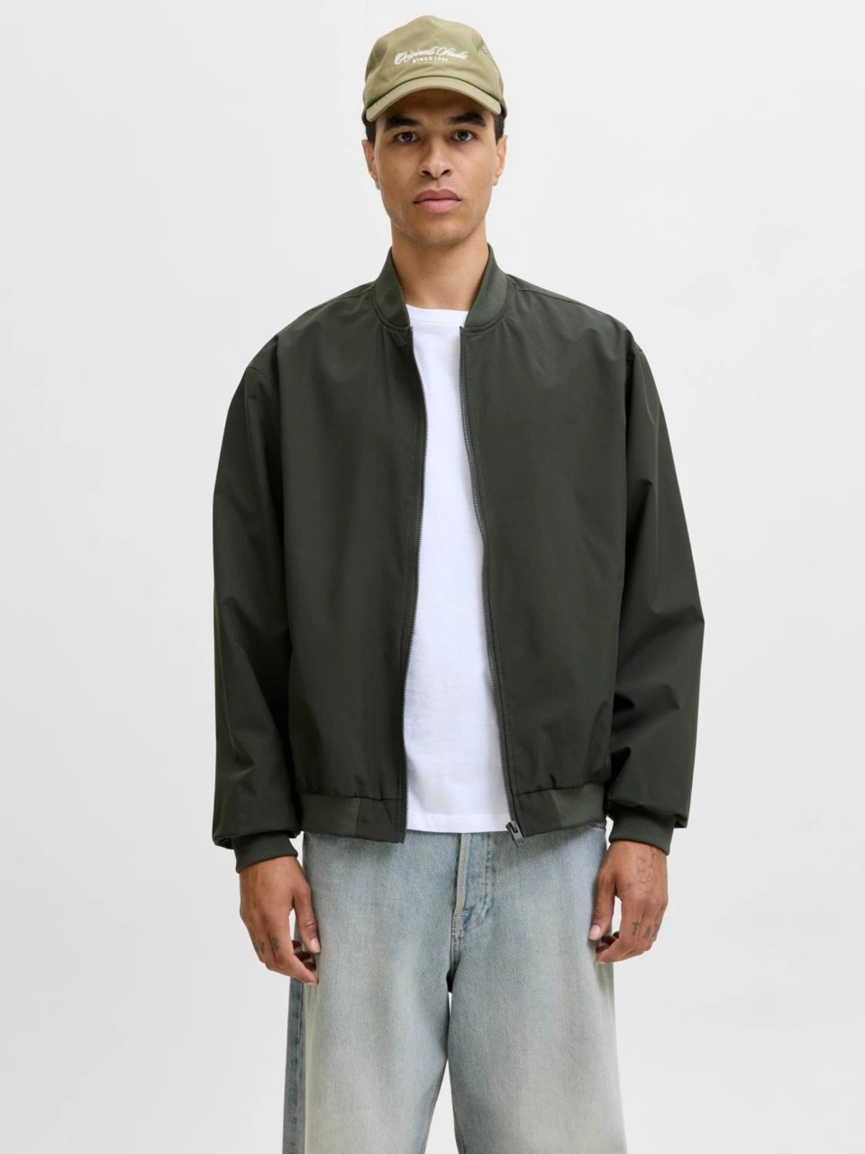 Jack & Jones, Jacheta bomber, barbati, cu buzunare oblice fara fermoar, Verde inchis (SELECTATI MARIMEA: XL)