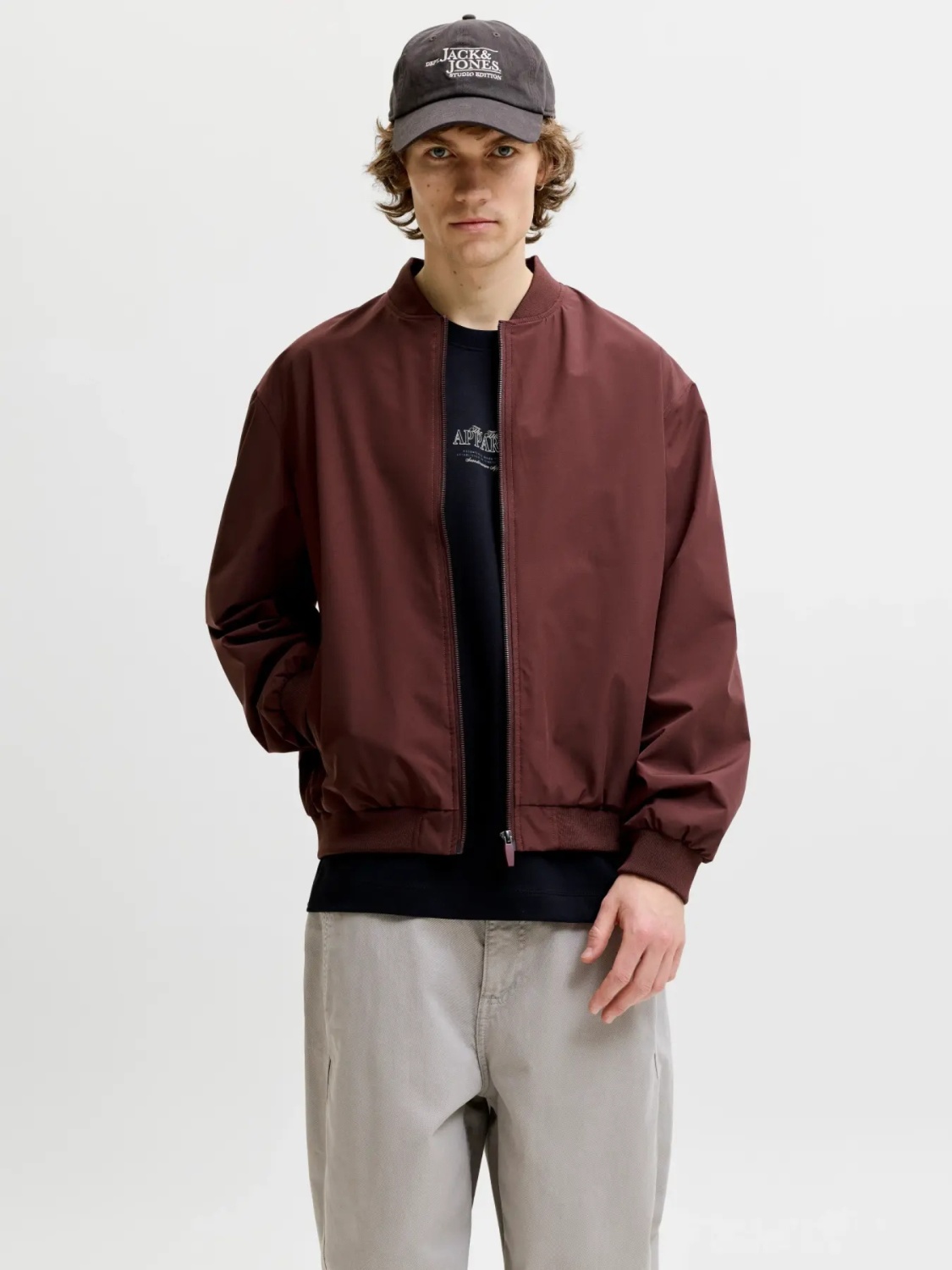 Jack & Jones, Jacheta bomber, barbati, cu buzunare oblice fara fermoar, Visiniu (SELECTATI MARIMEA: XL)