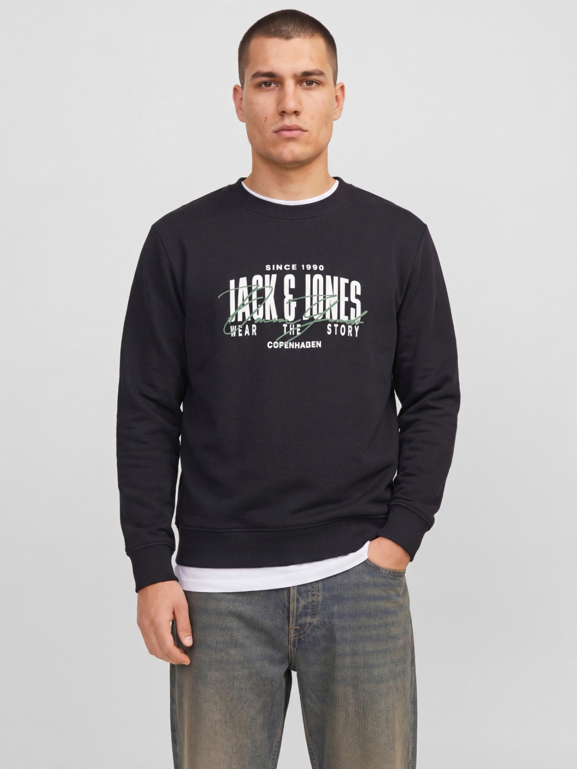 Jack & Jones Plus Bluza barbati big sizes, imprimeu cu logo, Regular fit, JJAERO, Negru (SELECTATI MARIMEA: 8XL)