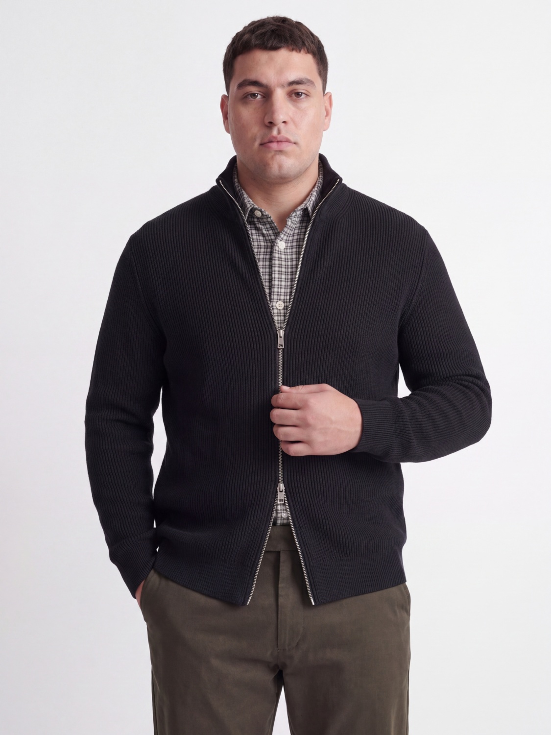 Jack & Jones Plus Cardigan tricotat barbati big sizes cu guler inalt, Regular Fit, JJEPERFECT, Negru (SELECTATI MARIMEA: 4XL)
