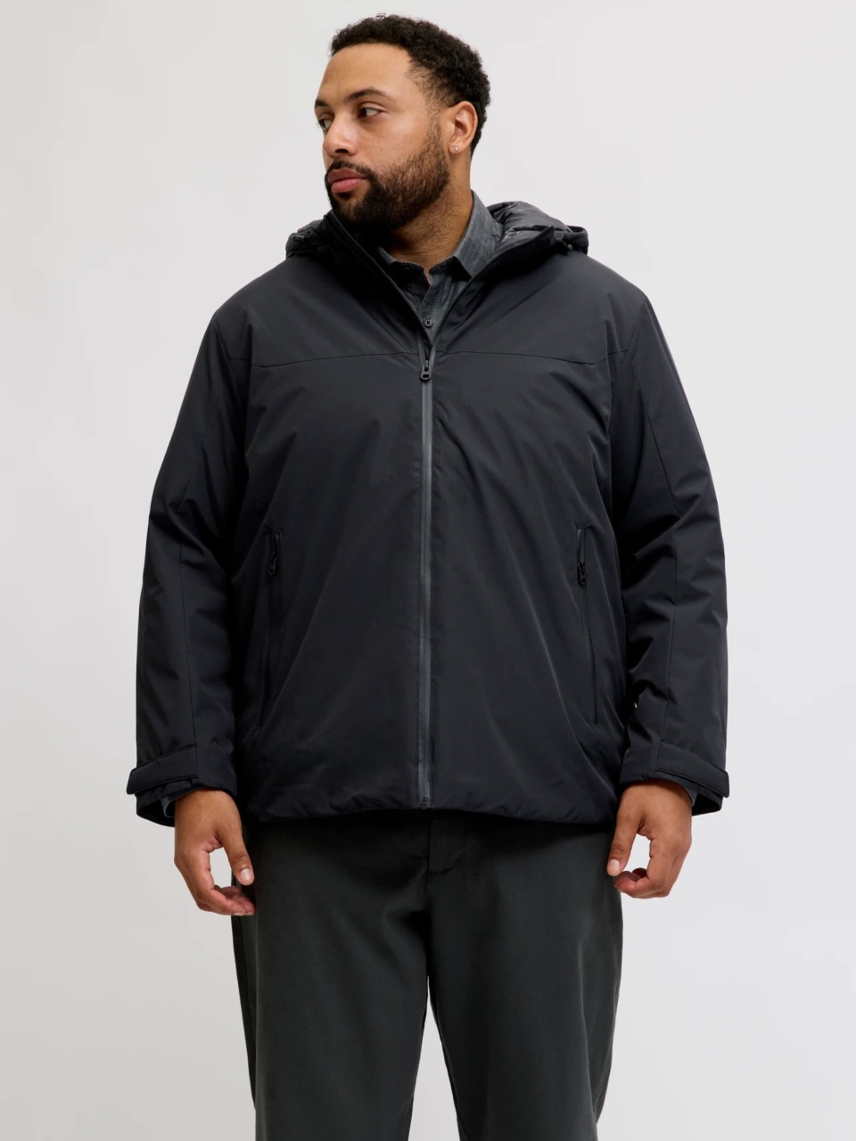 Jack & Jones Plus Jacheta de tranzitie, barbati big size, cu gluga si croiala Regular fit, Negru (SELECTATI MARIMEA: 3XL)