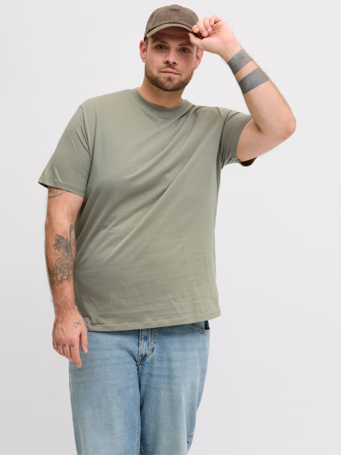 Jack & Jones Plus Tricou simplu barbati big sizes, cu decolteu la baza gatului, Bradley, Olive (SELECTATI MARIMEA: 8XL)