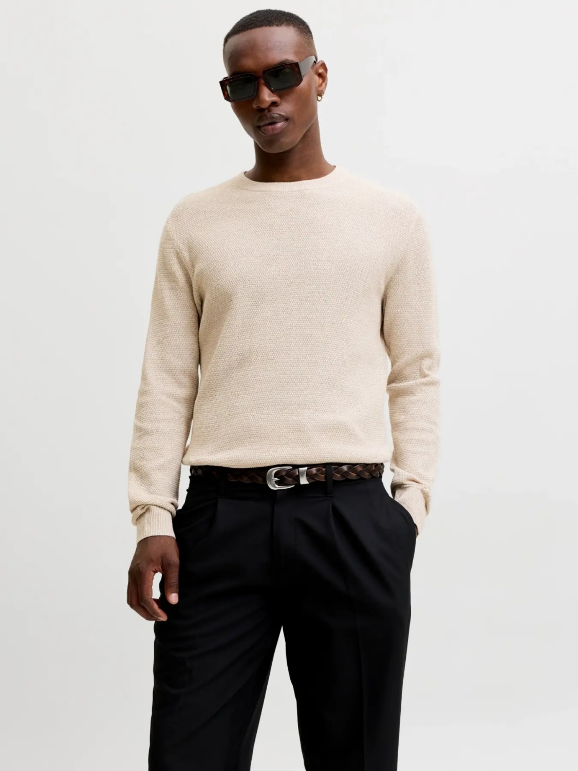 Jack & Jones Pulover tricotat barbati, din bumbac organic, Regular fit, JAURYDER, Bej (SELECTATI MARIMEA: S)