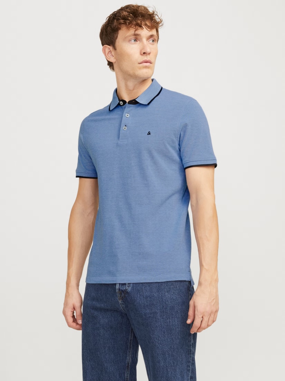 Jack & Jones Tricou polo barbati, Slim fit cu guler contrast, Albastru (SELECTATI MARIMEA: L)
