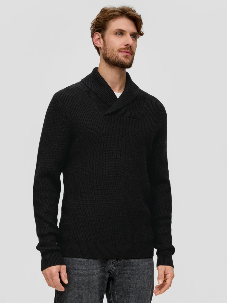 Pulover barbati din tricot cu guler sal, din amestec de bumbac si lana, Negru (SELECTATI MARIMEA: XL)