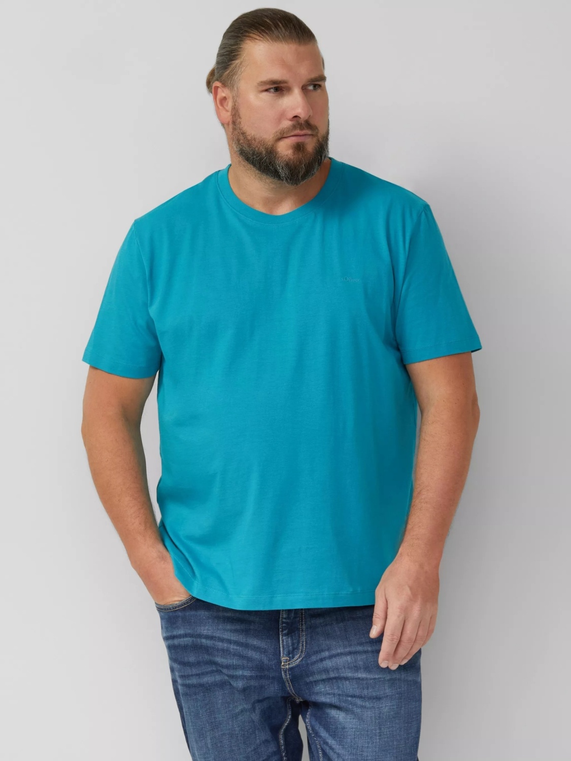 s.Oliver Big Sizes Tricou barbati big sizes, cu decolteu la baza gatului, din bumbac, Turcoaz (SELECTATI MARIMEA: 3XL)